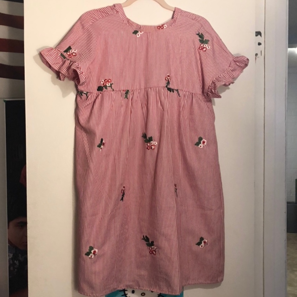 striped flower embroidered babydoll dress